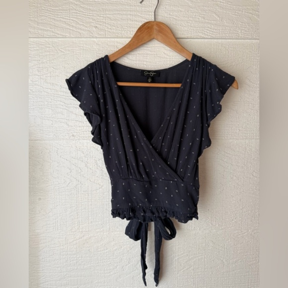 Jessica Simpson Navy Printed Wrap Top XS Ruffle Sleeve Tie Back